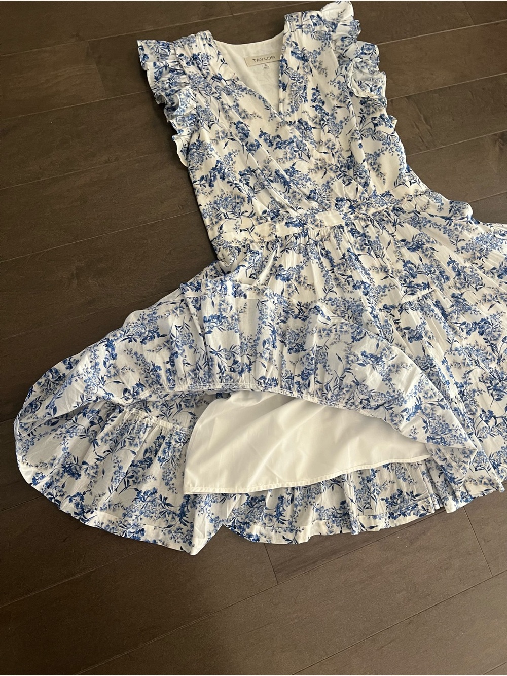 Taylor White and Blue Floral Mini Dress with Ruffle Sleeves - Picture 5 of 8